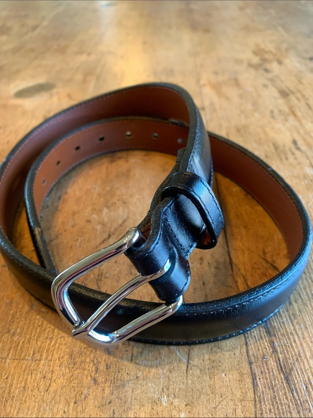 Men's Black Leather Belt with Polished Silver Buckle